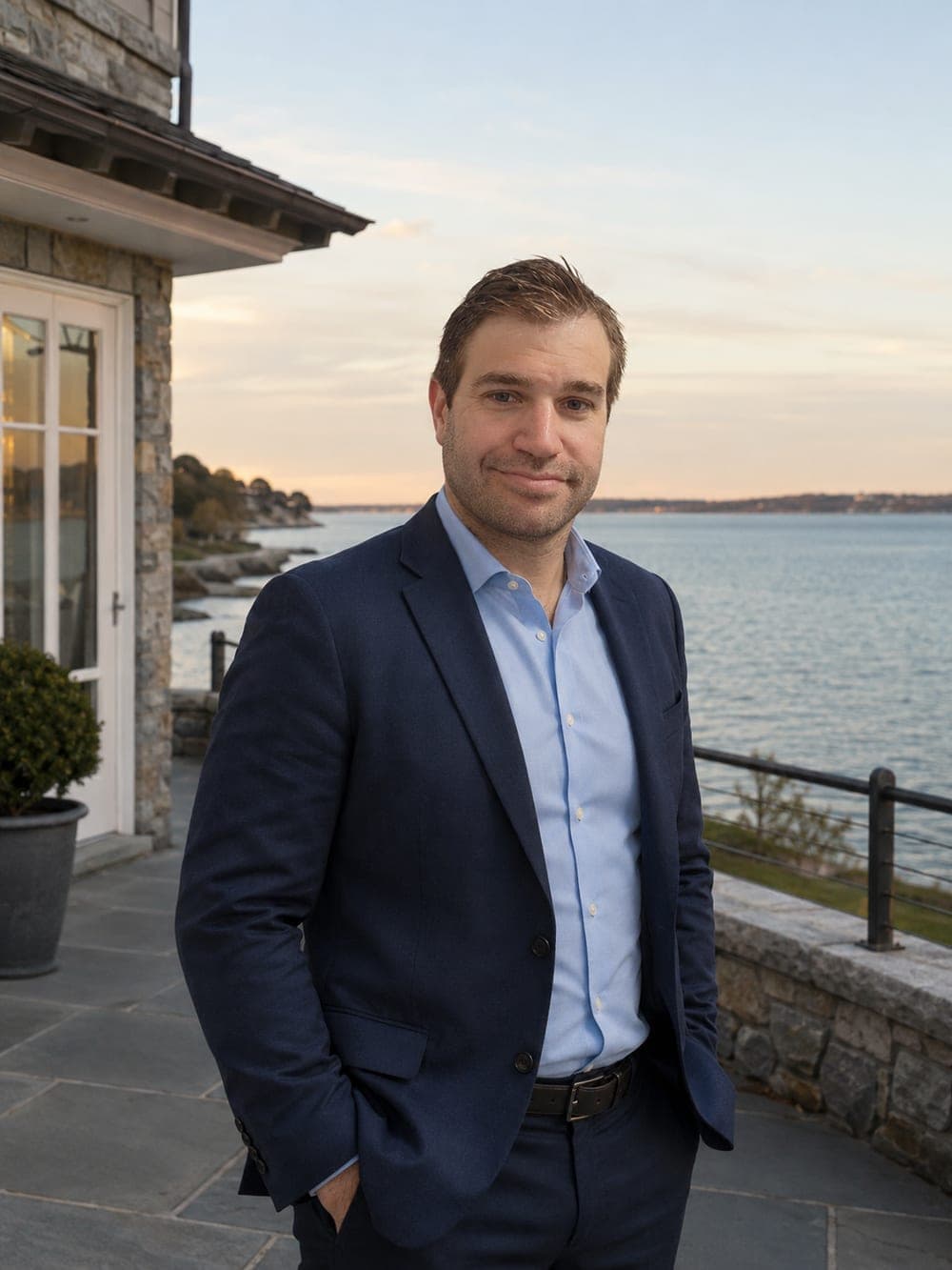 Matt Caiola on a waterfront terrace in Fairfield County
