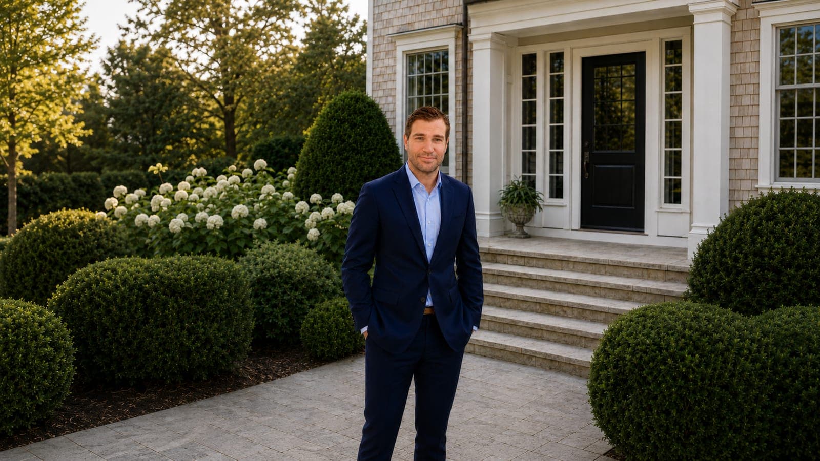 Matt Caiola in front of a shingle-style Fairfield County home