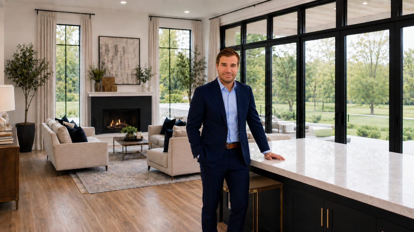 Matt Caiola in a light-filled living room with a fireplace